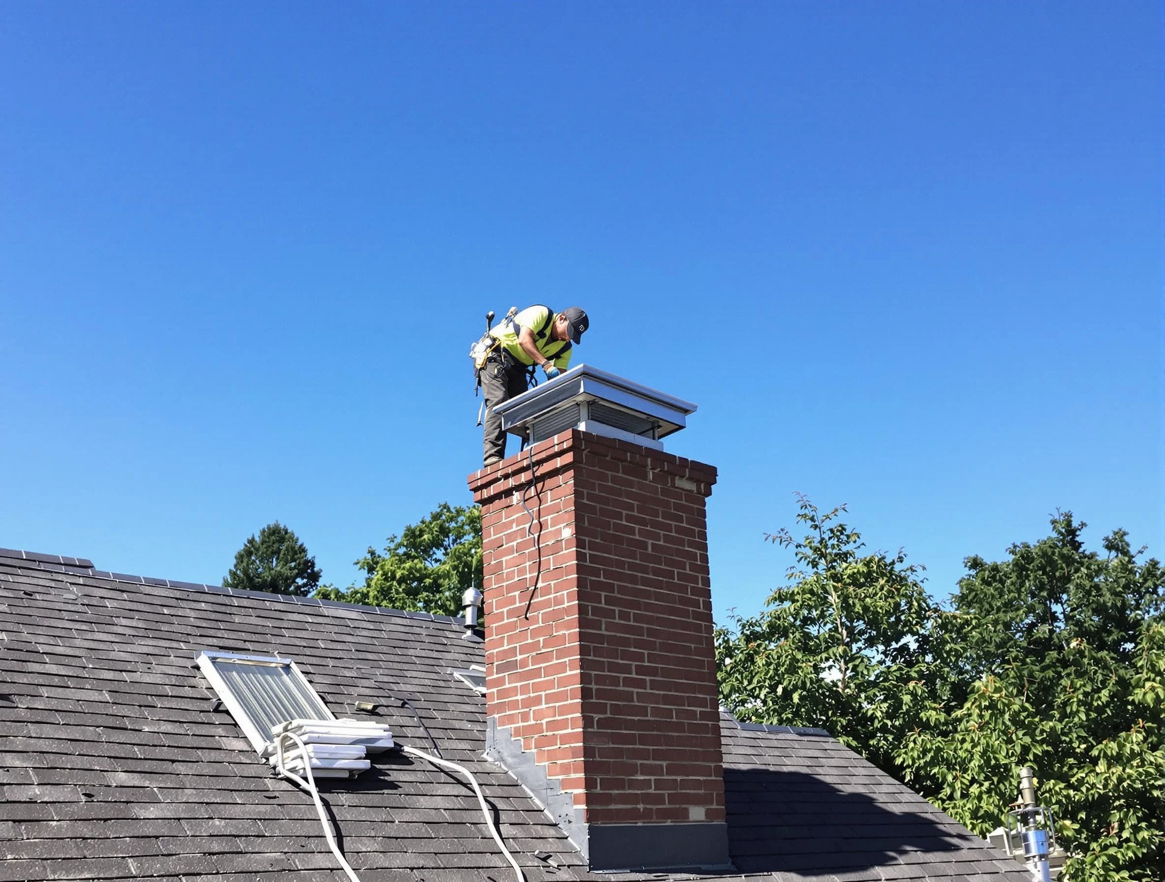 Tuttle Chimney Sweep technician measuring a chimney cap in Tuttle, OK